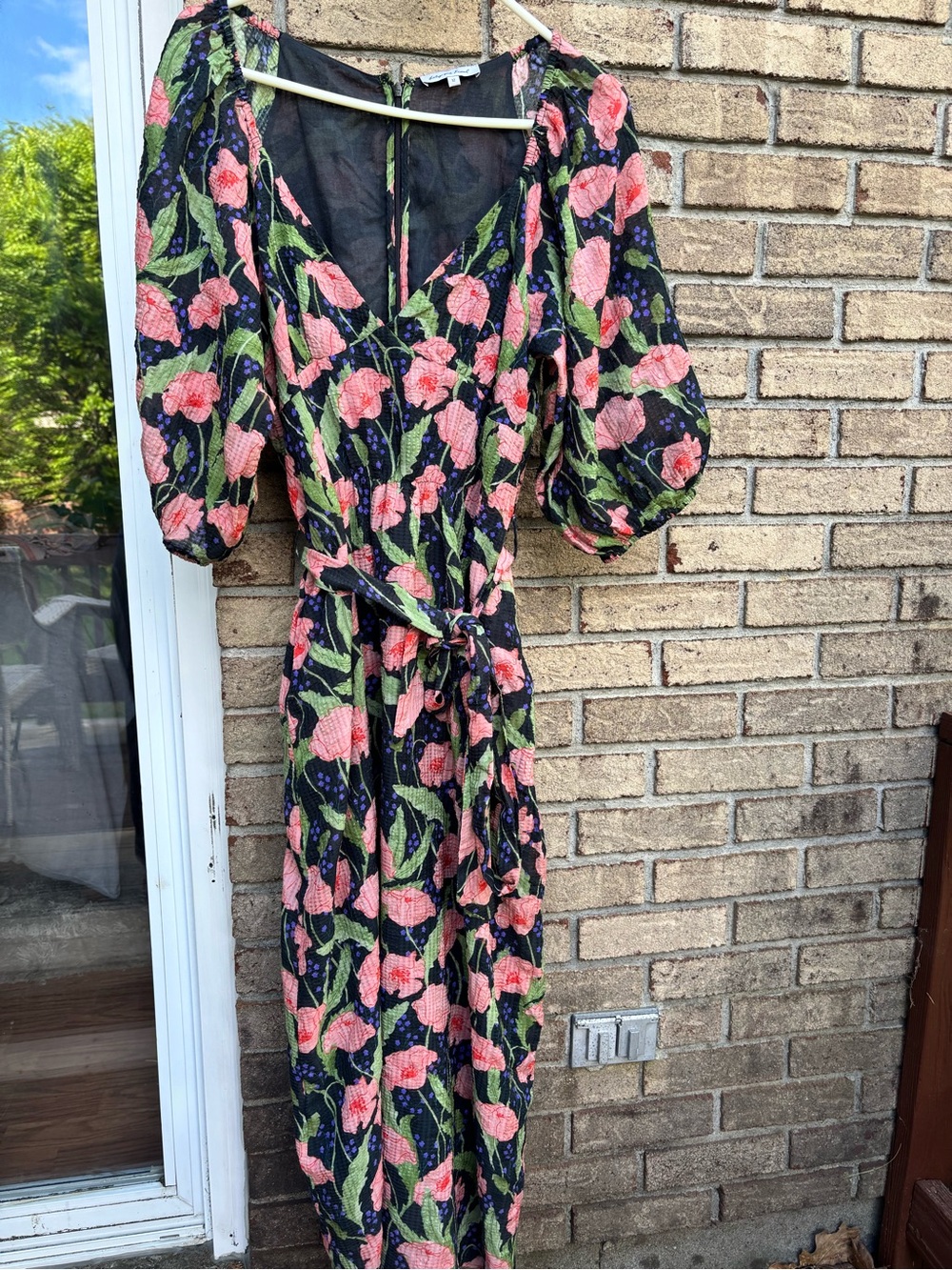 Lily and Lionel Floral Midi Dress Size 12 Black Pink Poppy Puff Sleeve Tie Waist